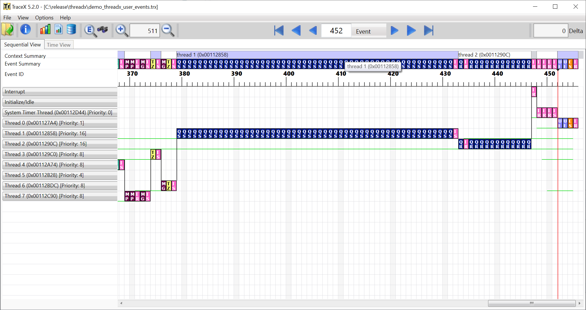 Screenshot of the default display of user-defined events.