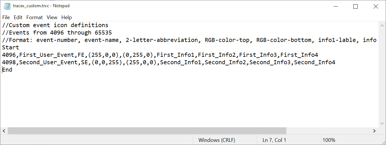 Screenshot of the example definitions for the user-defined events.