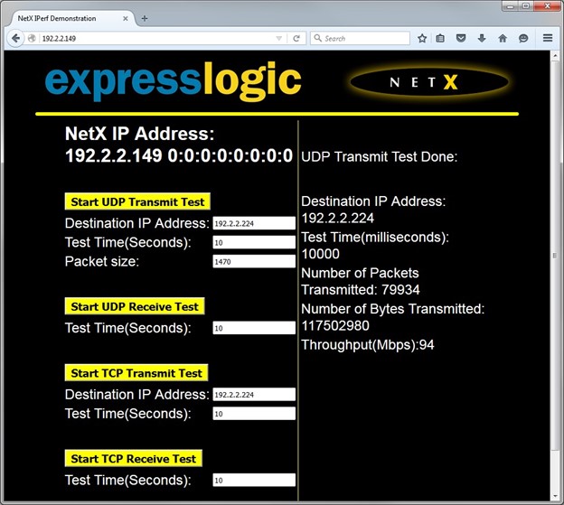 UDP transmission test results.