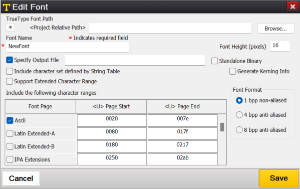 Screenshot of the modification dialog to add a new font resource.