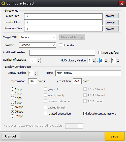 Screenshot of the GUIX Studio Configure Project dialog.