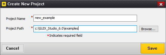 Screenshot of the GUIX Studio Create New Project dialog.