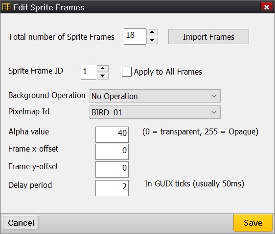 Screenshot of the GUIX Studio Edit Sprite Frames dialog.