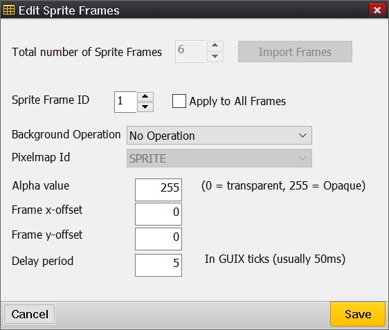 Screenshot of the GUIX Studio Edit Sprite Frames dialog for GIF resource.