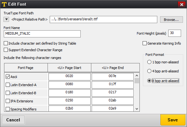 Screenshot of the Edit Font dialog.