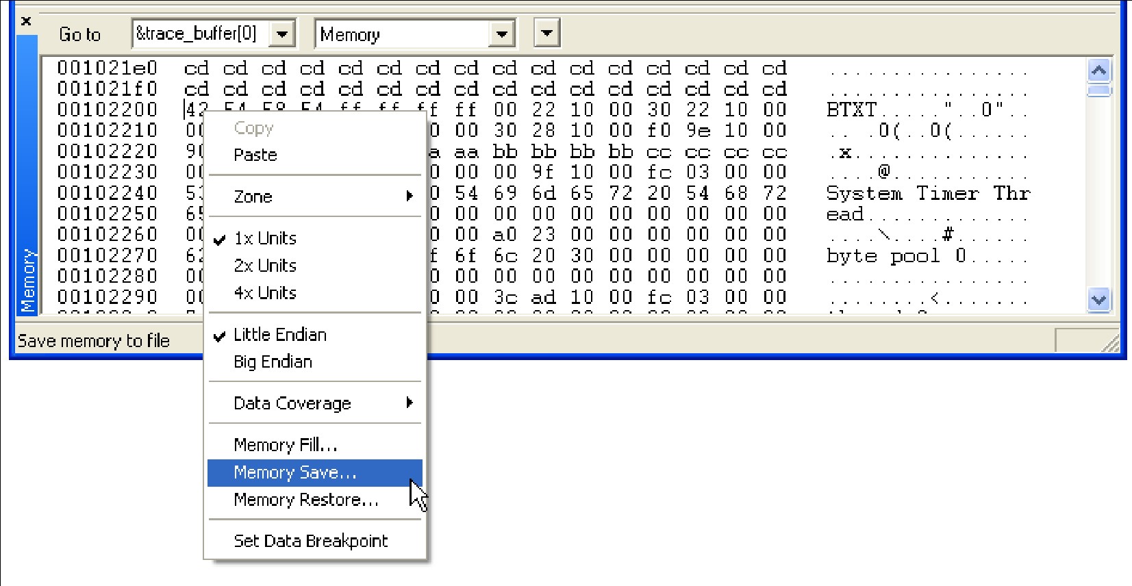 Screenshot of the Memory Save option in the IAR tools.