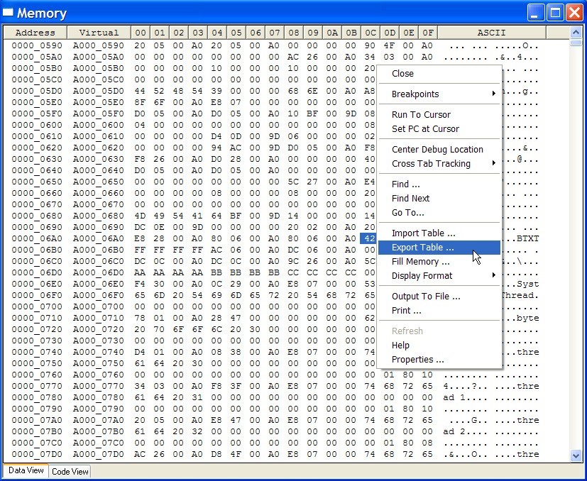 Screenshot of the Memory View with the Export Table option selected.