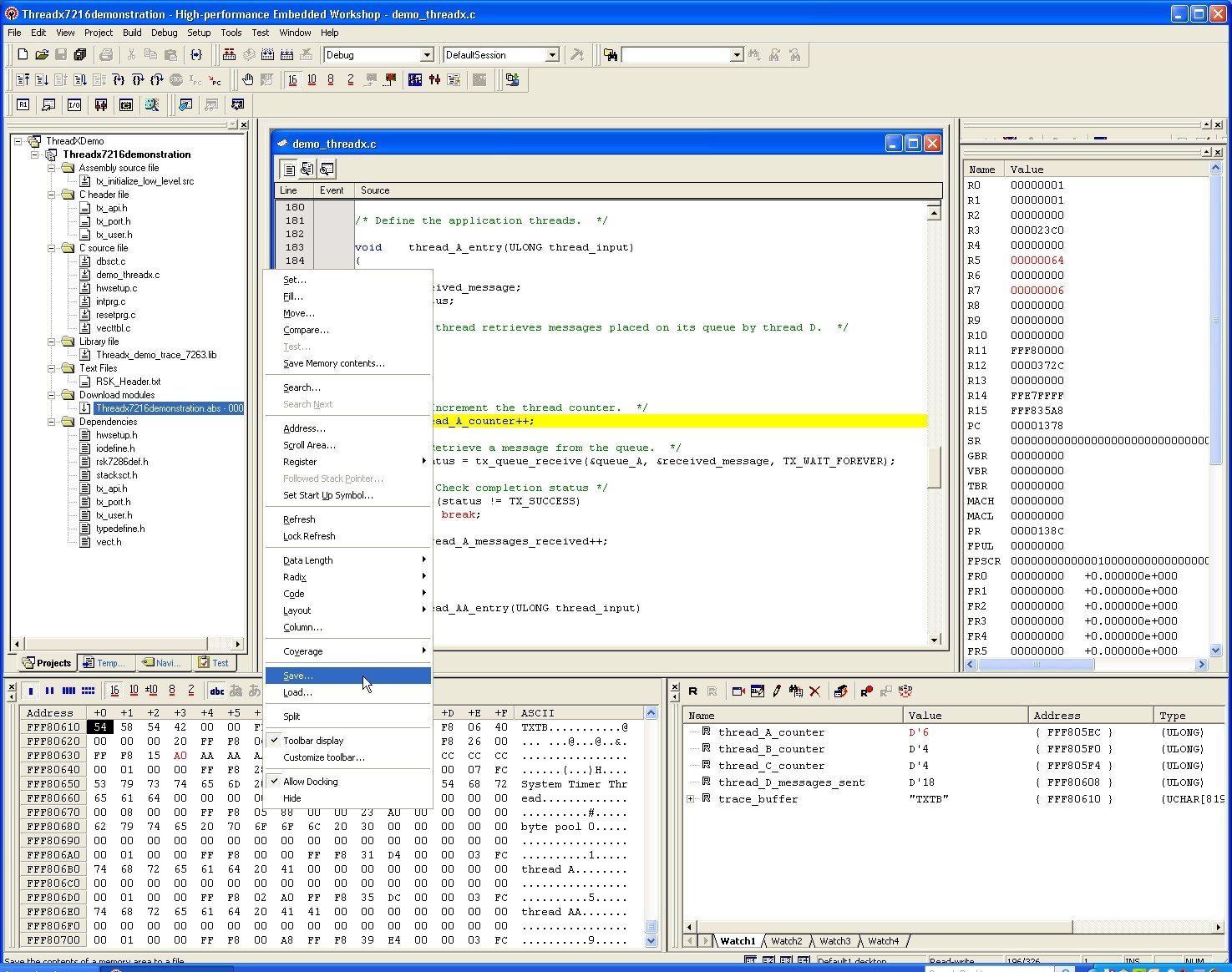 Screenshot of the Memory Window with the Save option selected.