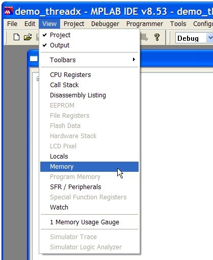 Screenshot of the Memory selected on the View menu.