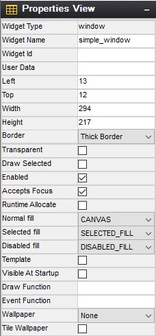 Screenshot of the properties of a simple window widget.