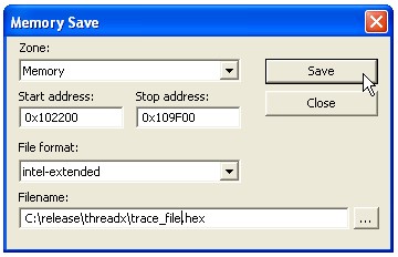 Screenshot of the IAR tools Memory Save dialog.