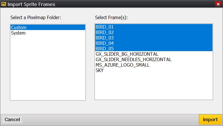 Screenshot of the GUIX Studio Import Sprite Frames dialog.