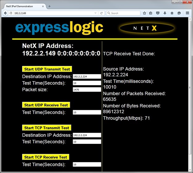 TCP receive test results.