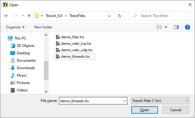 Screenshot of the open dialog in TraceX.