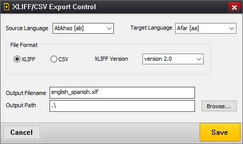 Screenshot of the XLIFF/CSV Export Control dialog.