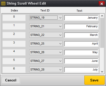 Screenshot of the GUIX Studio String Scroll Wheel Edit dialog.