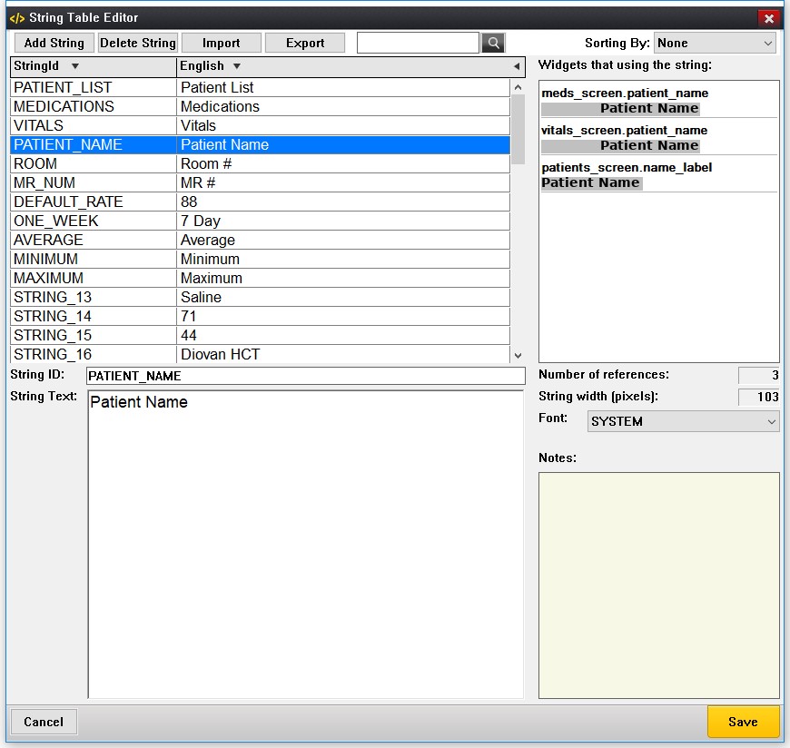 Screenshot of the String table Editor.